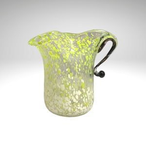 Hand Blown Chartreuse White Splatter Pitcher Vase Pinched Art Glass Vintage 5.5"
